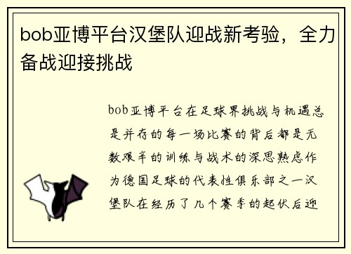 bob亚博平台汉堡队迎战新考验，全力备战迎接挑战