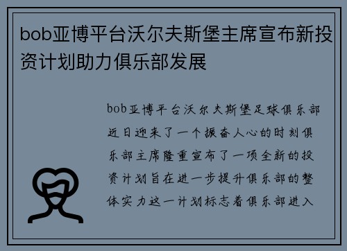 bob亚博平台沃尔夫斯堡主席宣布新投资计划助力俱乐部发展