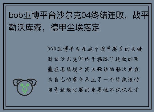 bob亚博平台沙尔克04终结连败，战平勒沃库森，德甲尘埃落定