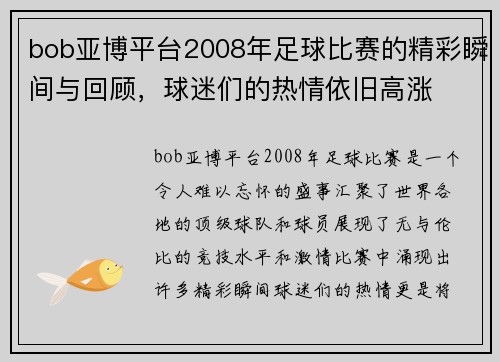 bob亚博平台2008年足球比赛的精彩瞬间与回顾，球迷们的热情依旧高涨