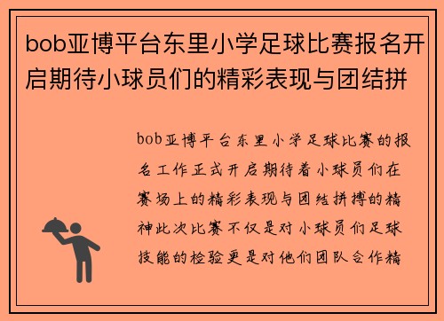 bob亚博平台东里小学足球比赛报名开启期待小球员们的精彩表现与团结拼搏精神