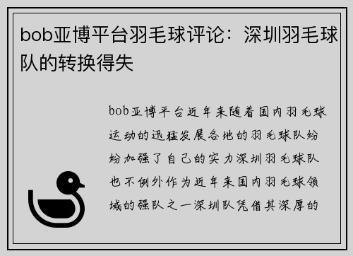 bob亚博平台羽毛球评论：深圳羽毛球队的转换得失