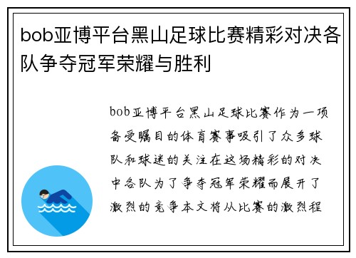 bob亚博平台黑山足球比赛精彩对决各队争夺冠军荣耀与胜利