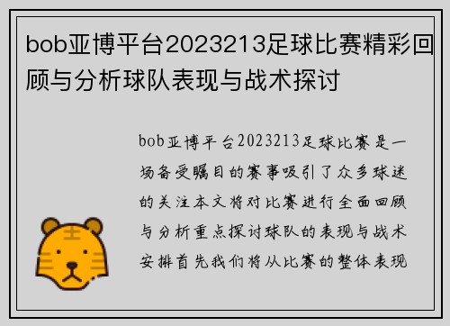 bob亚博平台2023213足球比赛精彩回顾与分析球队表现与战术探讨