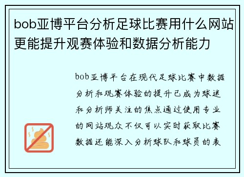 bob亚博平台分析足球比赛用什么网站更能提升观赛体验和数据分析能力