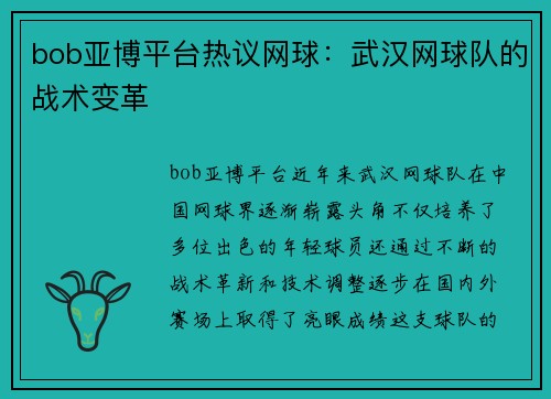 bob亚博平台热议网球：武汉网球队的战术变革