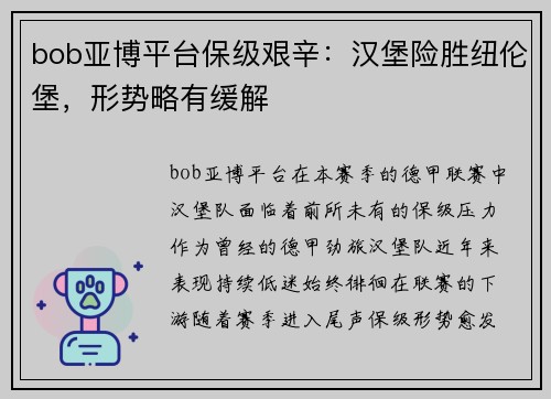 bob亚博平台保级艰辛：汉堡险胜纽伦堡，形势略有缓解